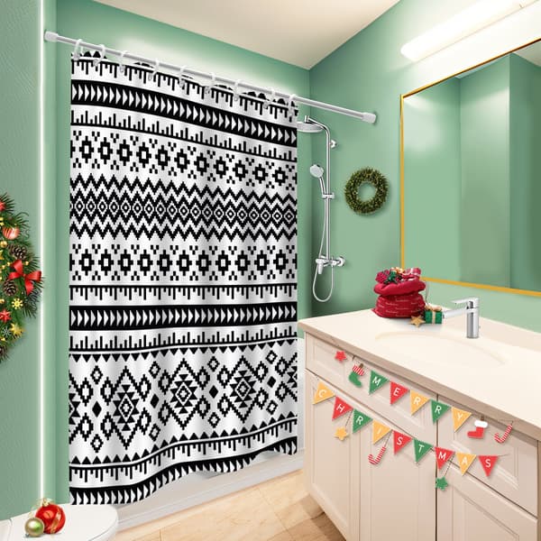 Polyester Gardiner med 12 Plastikkroge, Åndbart Fair Isle Design Polyester Gardiner til Brede Brusere 180x180cm