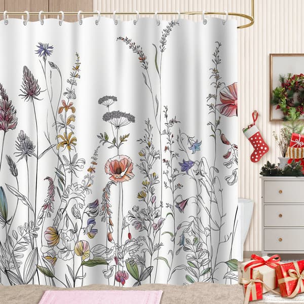 Blommig Vattentät Duschdraperi Badrumsinredning Set med Krokar, 180x180cm Bondgård Draperifoder för Badrum 180x180cm