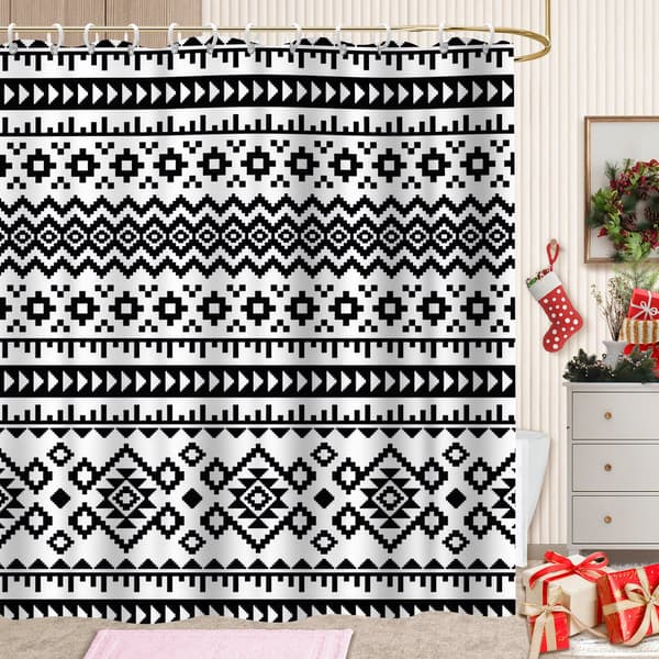 Polyester Gardiner med 12 Plastikkroge, Åndbart Fair Isle Design Polyester Gardiner til Brede Brusere 180x180cm