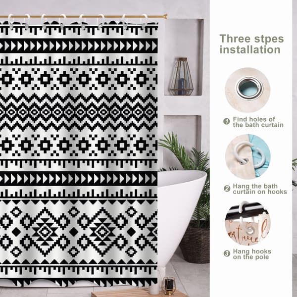 Polyester Gardiner med 12 Plastikkroge, Åndbart Fair Isle Design Polyester Gardiner til Brede Brusere 180x180cm
