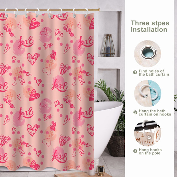 Polyester Badeforhæng, Mønstret Moderne Hjerte Polyesterforhæng med Kroge til Badekar 180x180cm