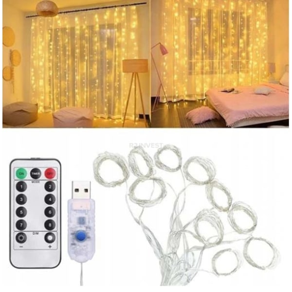 Usb Lysgardin 3M X 3M 300 Leds Varm Hvid