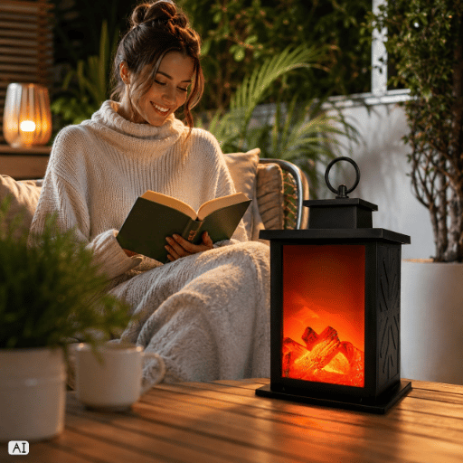 LED-kaminlykta 3D rörlig flamma timer batteridriven svart