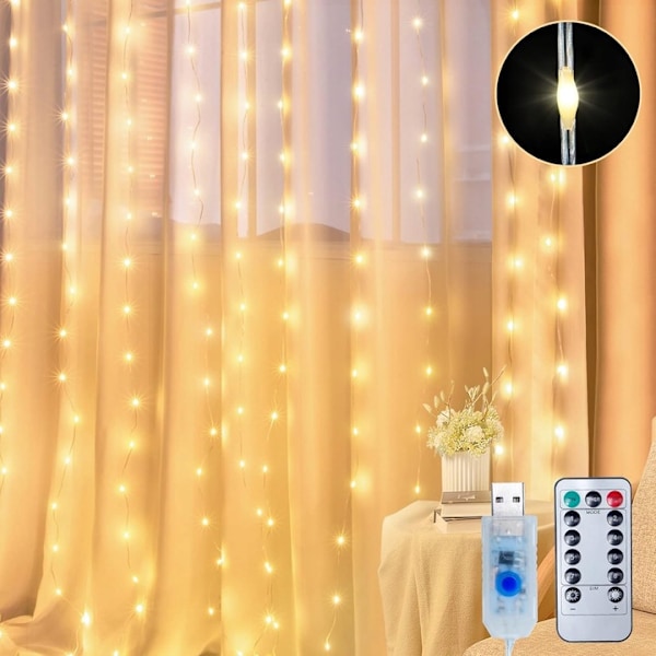 Usb-Valoverho 3M X 3M 300 Lediä Lämmin Valkoinen