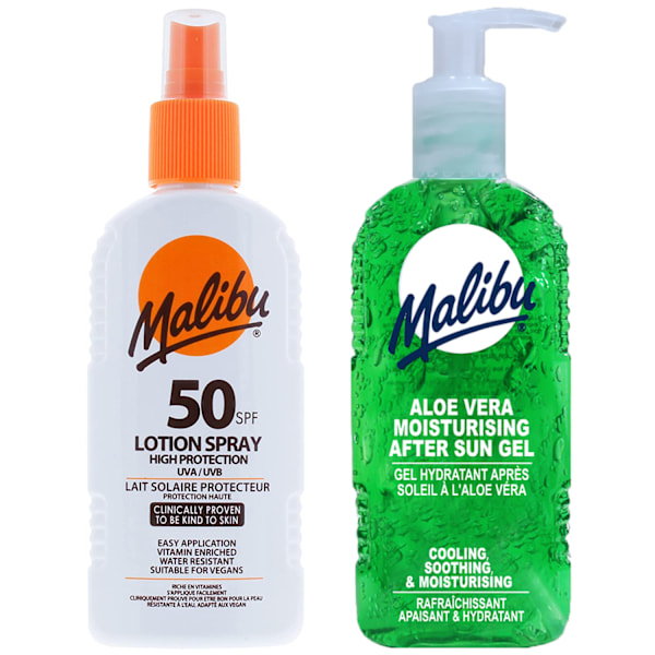 Malibu Spf50 Vedenpitävä Suihke 200 Ml + Aloe After Sun -Geeli 200 Ml