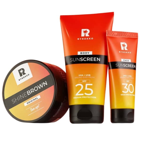 Byrokko Shine Brown Chocolate Bronzing Oil Set med solskydd Spf25 och Spf30 ansiktskräm