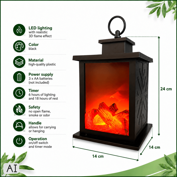 LED-kaminlykta 3D rörlig flamma timer batteridriven svart