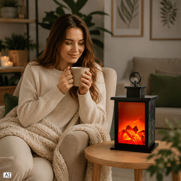 LED-kaminlykta 3D rörlig flamma timer batteridriven svart