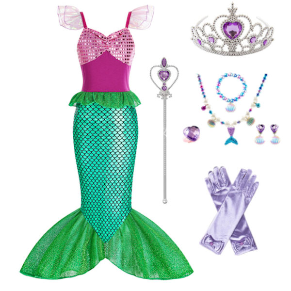 Lilla Sjöjungfrun Ariel Prinsessdräkt Barn Utklädnad Flickor Cosplay Födelsedagsfest Green Set-8pcs 3-4 Years(110cm)