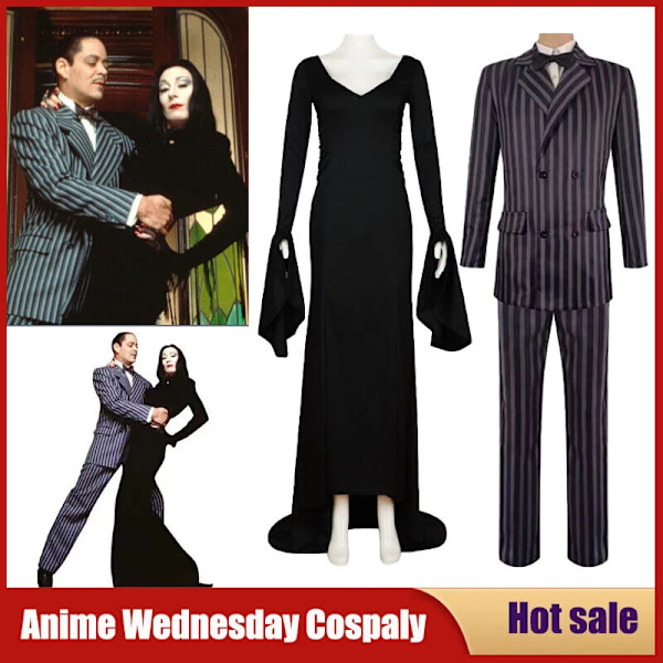 Wednesday Addams Kostym Morticia Maxiklänning Långärmad Herr Gomez Cosplay Wig+Moustache One Size