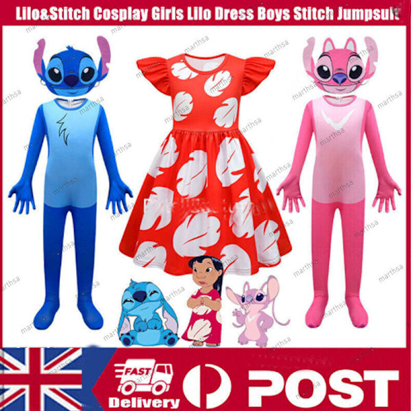 💎💎Stitch-dräkt för barn Flickor Lilo Party Cosplay Klänning Pojkar Stitch Jumpsuit NY Red 130