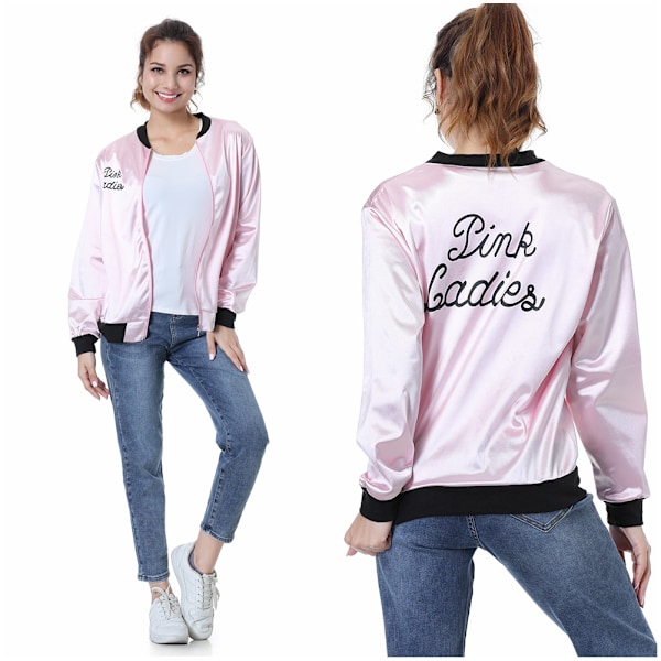 Grease Pink Ladies Cosplay Vuxen Satinjacka Kostym Retro Halloween Jacka dräkt Coat S