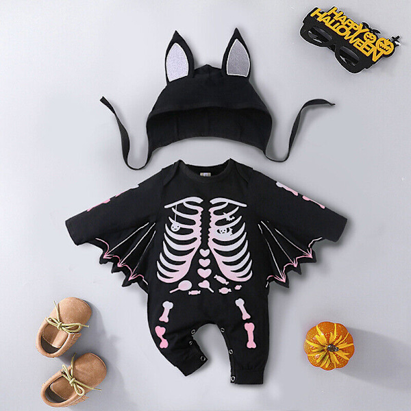 Halloween Småbarn Baby Pojkar Flickor Cosplay Fladdermus Kostym Sparkdräkt Hatt Set HY20142N 80cm