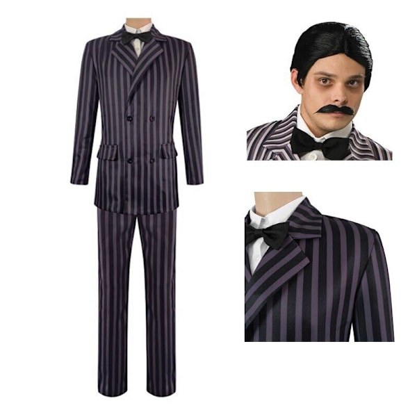 Wednesday Addams Kostym Morticia Maxiklänning Långärmad Herr Gomez Cosplay Wig+Moustache One Size