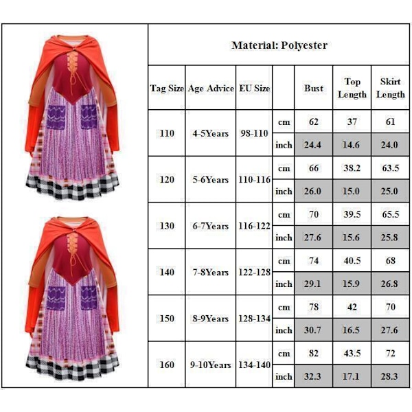 Flickor Hocus Pocus 2 Klänning Cosplay Mary Sanderson Kappa Halloween Kostym Only Dress 8-9 Years