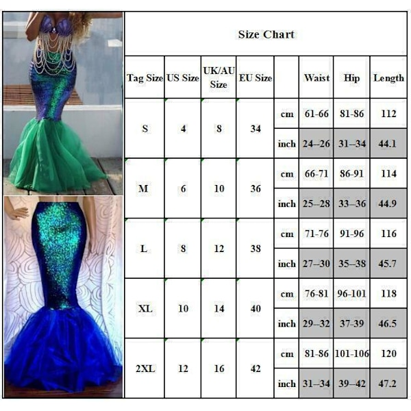 Vuxen Dam Cosplay Sjöjungfru Svans Full Kjol Kostym Maskerad Party Maxi Present Green S = UK/AU 8 = EU 34