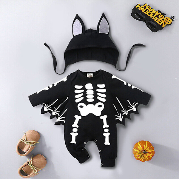 Halloween Småbarn Baby Pojkar Flickor Cosplay Fladdermus Kostym Sparkdräkt Hatt Set HY20142N 80cm
