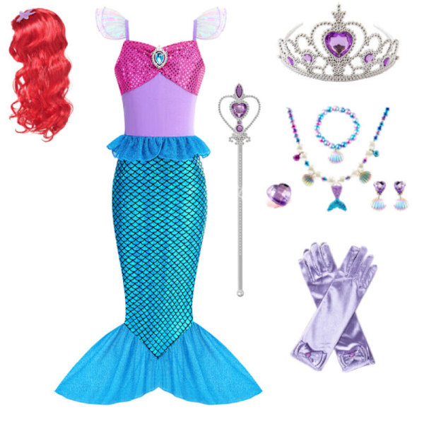 Lilla Sjöjungfrun Ariel Prinsessdräkt Barn Utklädnad Flickor Cosplay Födelsedagsfest Blue Set-9pcs 4-5 Years(120cm)