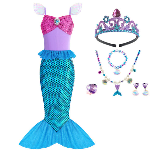 Lilla Sjöjungfrun Ariel Prinsessdräkt Barn Utklädnad Flickor Cosplay Födelsedagsfest Blue Set-6pcs 2-3 Years(100cm)