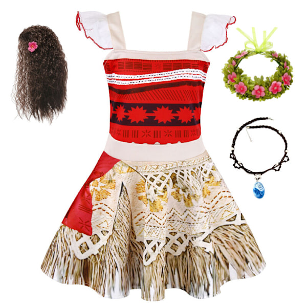 Moana Prinsessa Flickor Utklädnings Cosplay Födelsedagsfest Kostym Klänningar Dress+Accessories+Wig 8-9 Years(130cm)