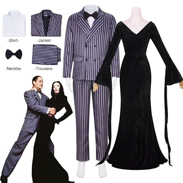 Wednesday Addams Kostym Morticia Maxiklänning Långärmad Herr Gomez Cosplay Only Wig One Size
