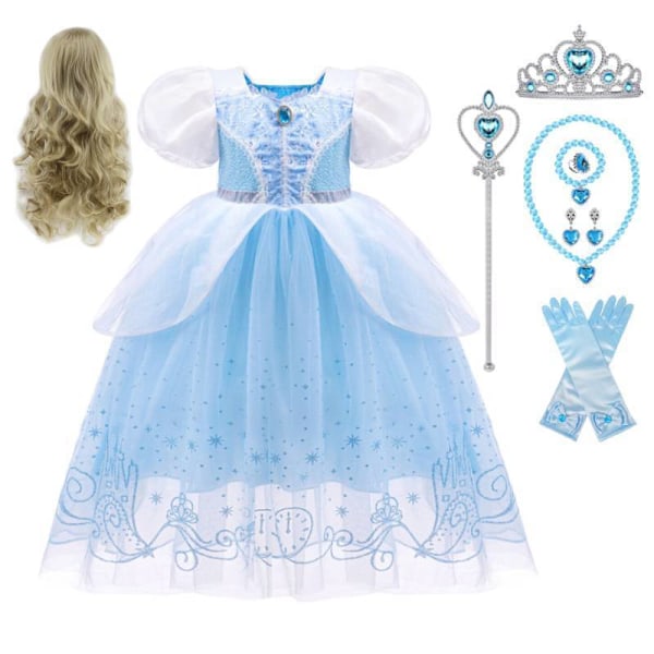 Flickor Barn Askungen Prinsessa Maskerad Party Födelsedag Cosplay Kostym Outfit Dress+Accessories+Wig 9-10 Years