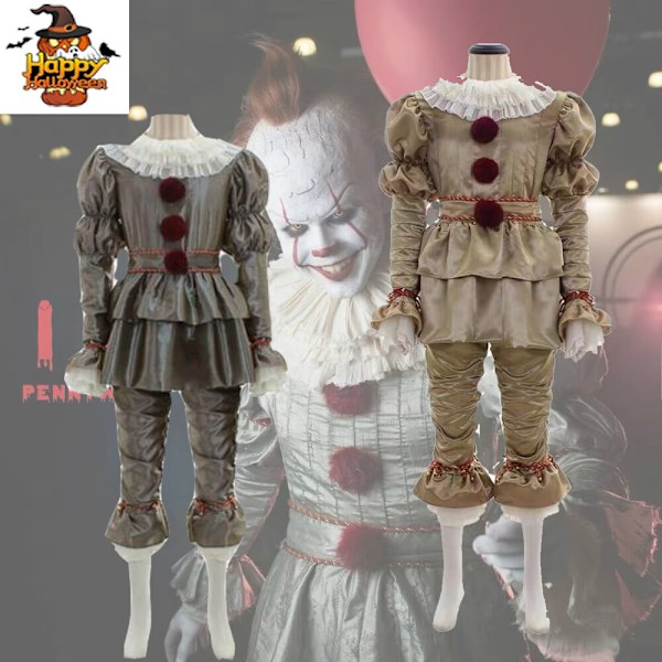 Vuxen Clown Kostym Män Pennywise Outfit Cosplay Stephen King Set Halloween Kostym Golden Tag L