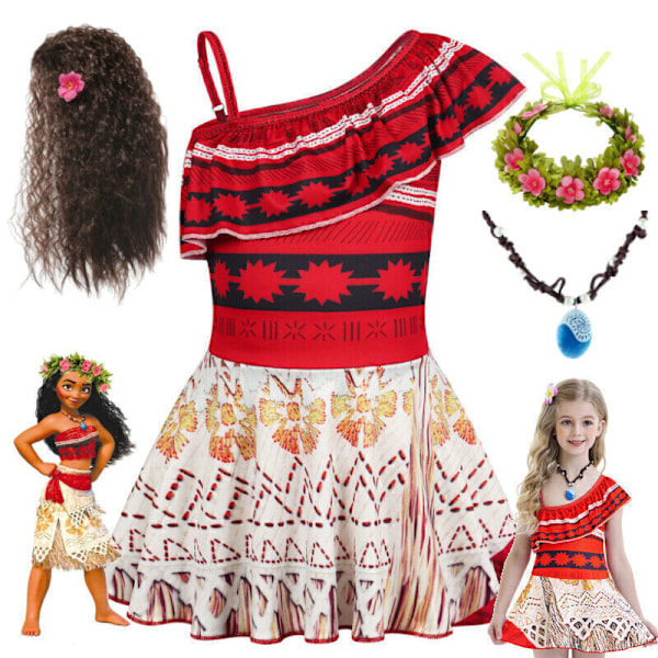 Barnkostym Moana Prinsessa Flickor Cosplay Maskeradklänning Halsband Uppsättningar NY* Only Wig One Size