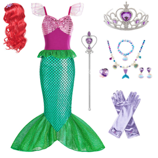 Lilla Sjöjungfrun Ariel Prinsessdräkt Barn Utklädnad Flickor Cosplay Födelsedagsfest Green Set-9pcs 2-3 Years(100cm)