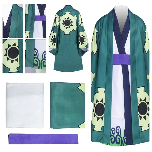 Anime One Piece: Barn Roronoa Zoro Cosplay Zoro Kimono Robe+bälte+foder set 120