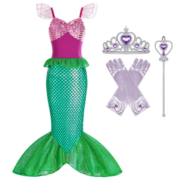 Lilla Sjöjungfrun Ariel Prinsessdräkt Barn Utklädnad Flickor Cosplay Födelsedagsfest Green Set-4pcs 7-8 Years(140cm)