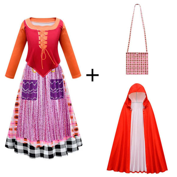 Flickor Hocus Pocus 2 Klänning Cosplay Mary Sanderson Kappa Halloween Kostym Dress+Cape+Bag 5-6 Years
