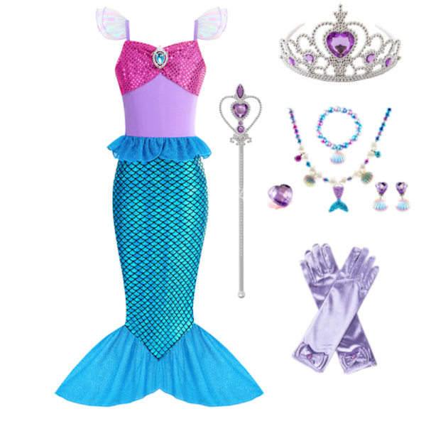 Lilla Sjöjungfrun Ariel Prinsessdräkt Barn Utklädnad Flickor Cosplay Födelsedagsfest Blue Set-8pcs 3-4 Years(110cm)