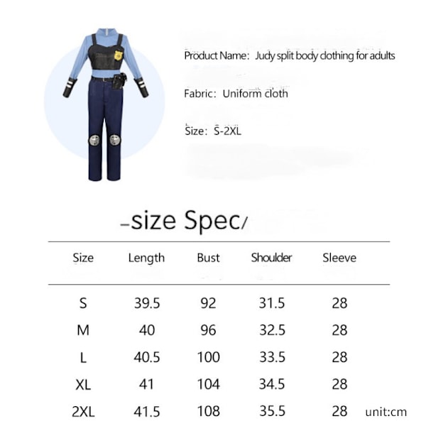 Zootopia Kanin Polis Judy Hopps Cosplay Anime Kostym Uniform Halloweenfest Judy jumpsuit adult+jacket L