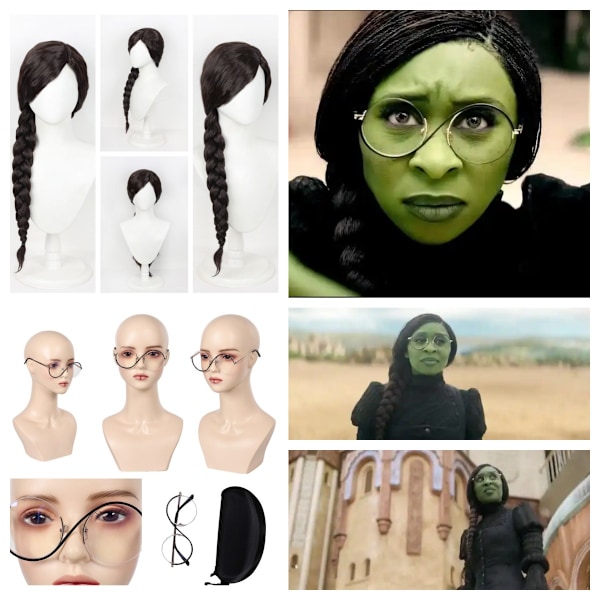 Wicked: Elphaba Glasögon/Svart Flätad Peruk Hår Halloween Elphaba cosplay rekvisita Wig+Glasses One Size