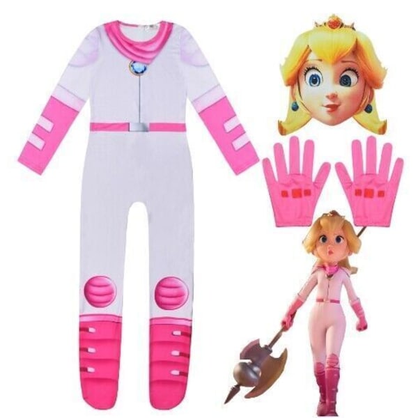 Flicka Prinsessa Peach Jumpsuit Cosplay Halloween Party Kostym Maskeradkläder 7-8Years