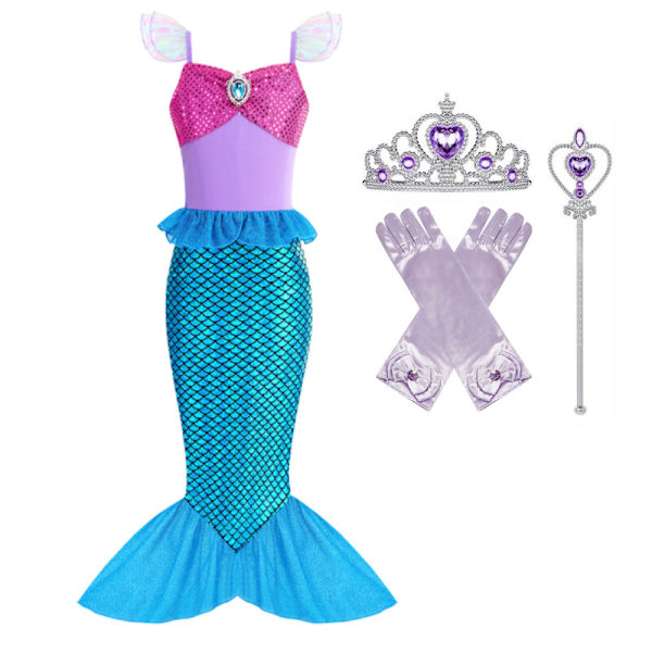 Lilla Sjöjungfrun Ariel Prinsessdräkt Barn Utklädnad Flickor Cosplay Födelsedagsfest Blue Set-4pcs 2-3 Years(100cm)