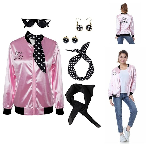 Grease Pink Ladies Cosplay Vuxen Satinjacka Kostym Retro Halloween Jacka dräkt Coat S