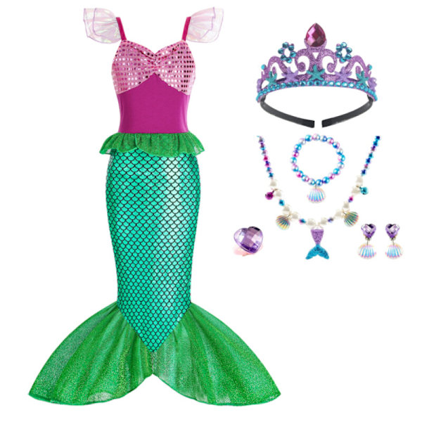 Lilla Sjöjungfrun Ariel Prinsessdräkt Barn Utklädnad Flickor Cosplay Födelsedagsfest Green Set-6pcs 7-8 Years(140cm)