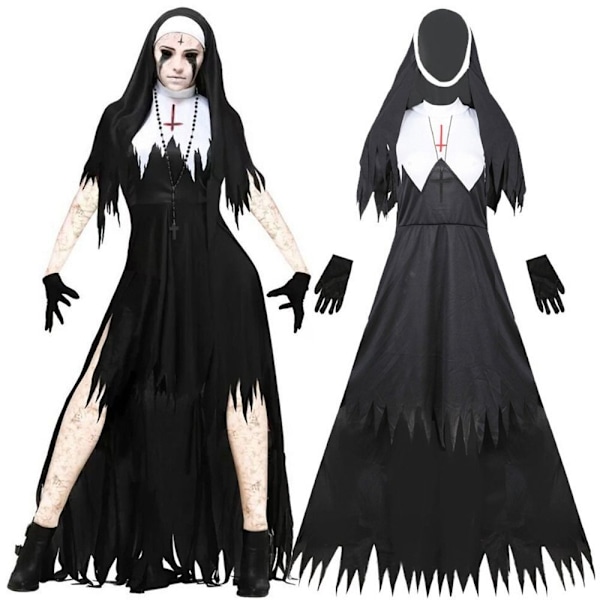 Ny Halloween Nunna Kostym Maskerad Vuxen Läskig Jumpsuit Klänning Kvinnor Cosplay M