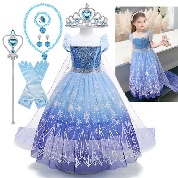 Flickor Barn Elsa Prinsessa Utklädnad Cosplay Kostym Barn Kalas Födelsedag Dress+Accessories 8-9 Years(130cm)