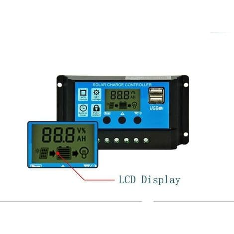 Solpanel opladningscontroller, 12V/24V, 30A, LCD-skærm, dobbelt USB-port