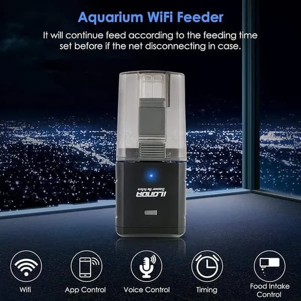 Automatisk akvariefoderautomat med timer styret af 2.4G Wi-Fi, sort fiskefoderdispenser