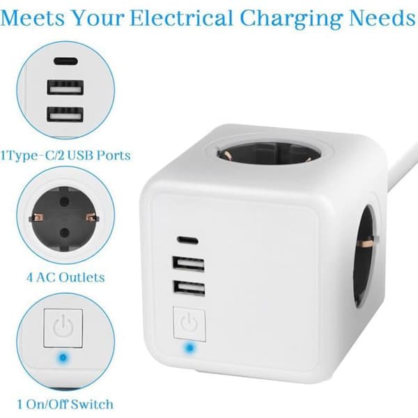 Terningformet stikdåse - 1 USB-C-port - 2 USB-A-porte - Blå