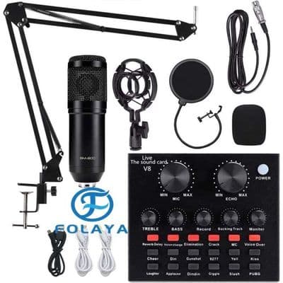 Kondensatormikrofon med V8 lydkort, BM-800 Professionel Studio Streaming Mikrofon, (Sort)