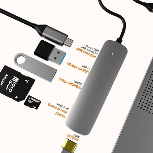 USB-C hub, 6-i-1 USB-C adapter med USB 3.0-forbindelse, kompatibel med MacBook Pro/Air laptops