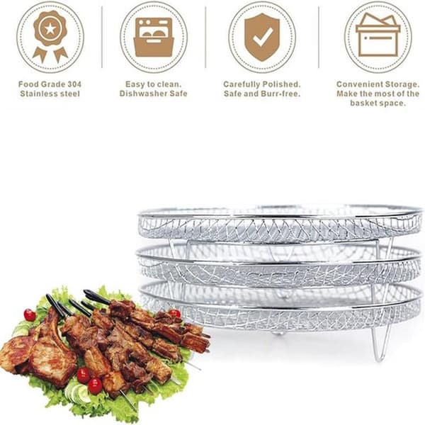 Airfryer-stativ - Airfryer-tilbehør - Matlaging og baking - Rustfritt stål av matkvalitet - 3-delt sett - Sølv