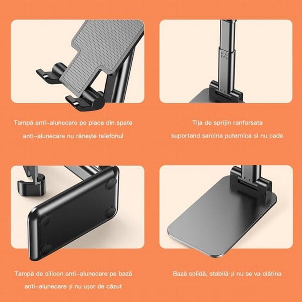 Telefon-/tabletstander, ABS/silikone, højdejusterbar, foldbar, 110x110x65mm, sort