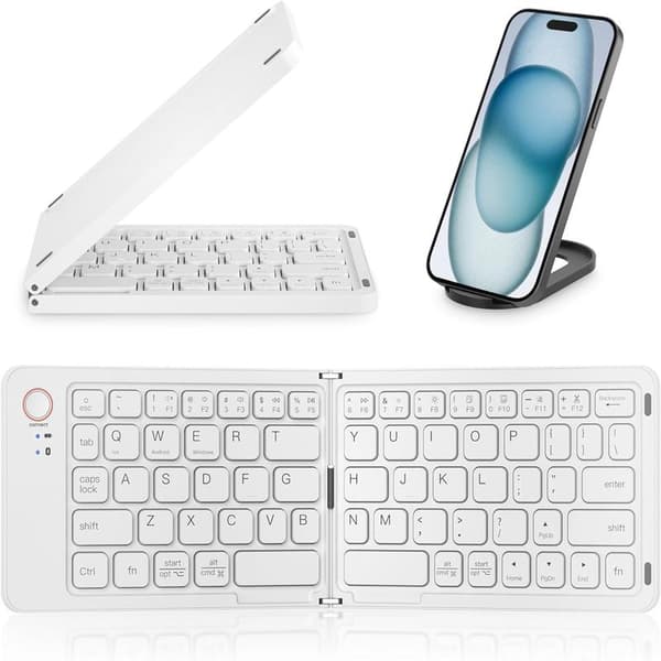 Mini vikbart Bluetooth-tangentbord – bärbart, Mac, iPad, Android, Windows och iOS (vitt), ultratunt aluminium, resevänligt för iPhone