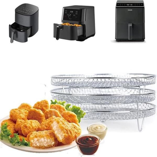 Airfryer-stativ - Airfryer-tilbehør - Matlaging og baking - Rustfritt stål av matkvalitet - 3-delt sett - Sølv